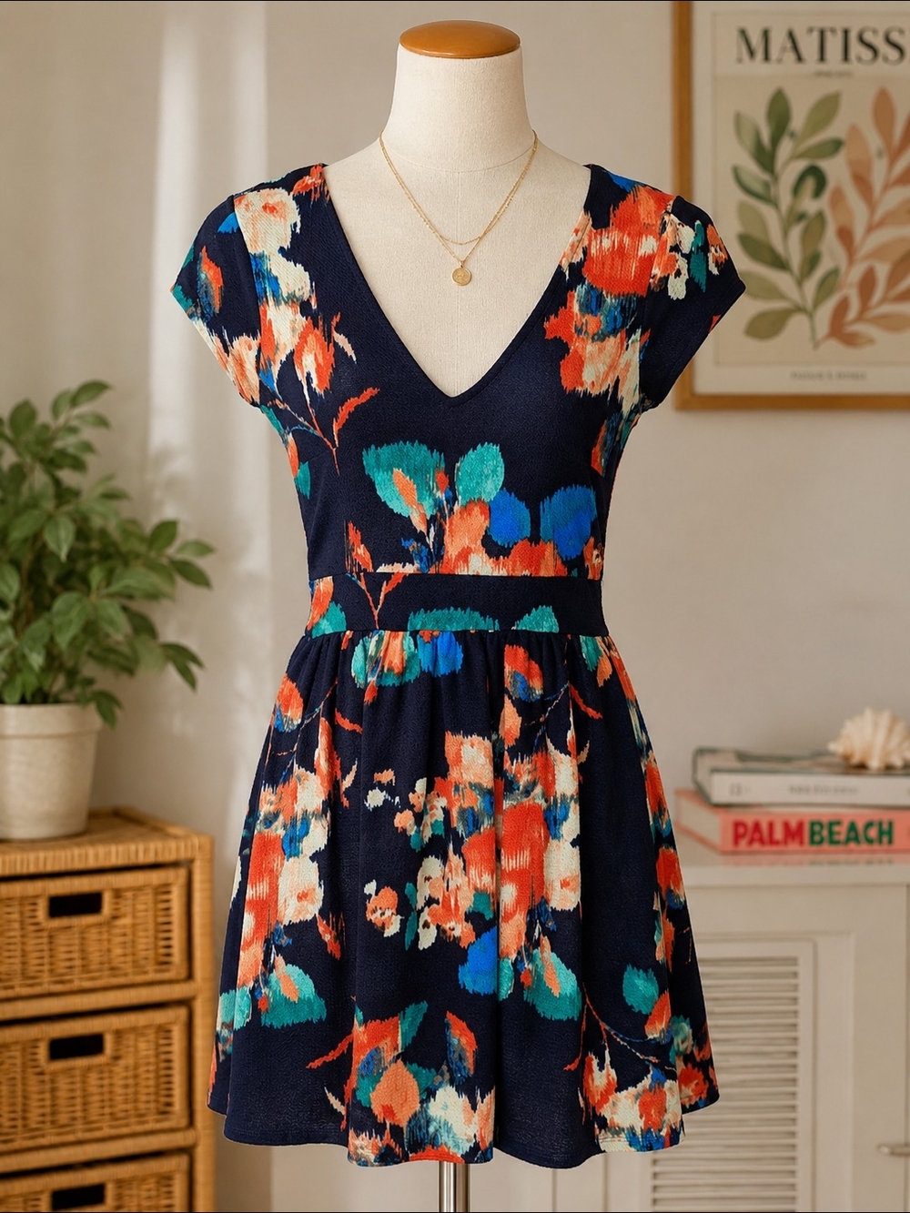 Three Hearts Navy Floral V-Neck Midi Dress with Teal & Coral Accents